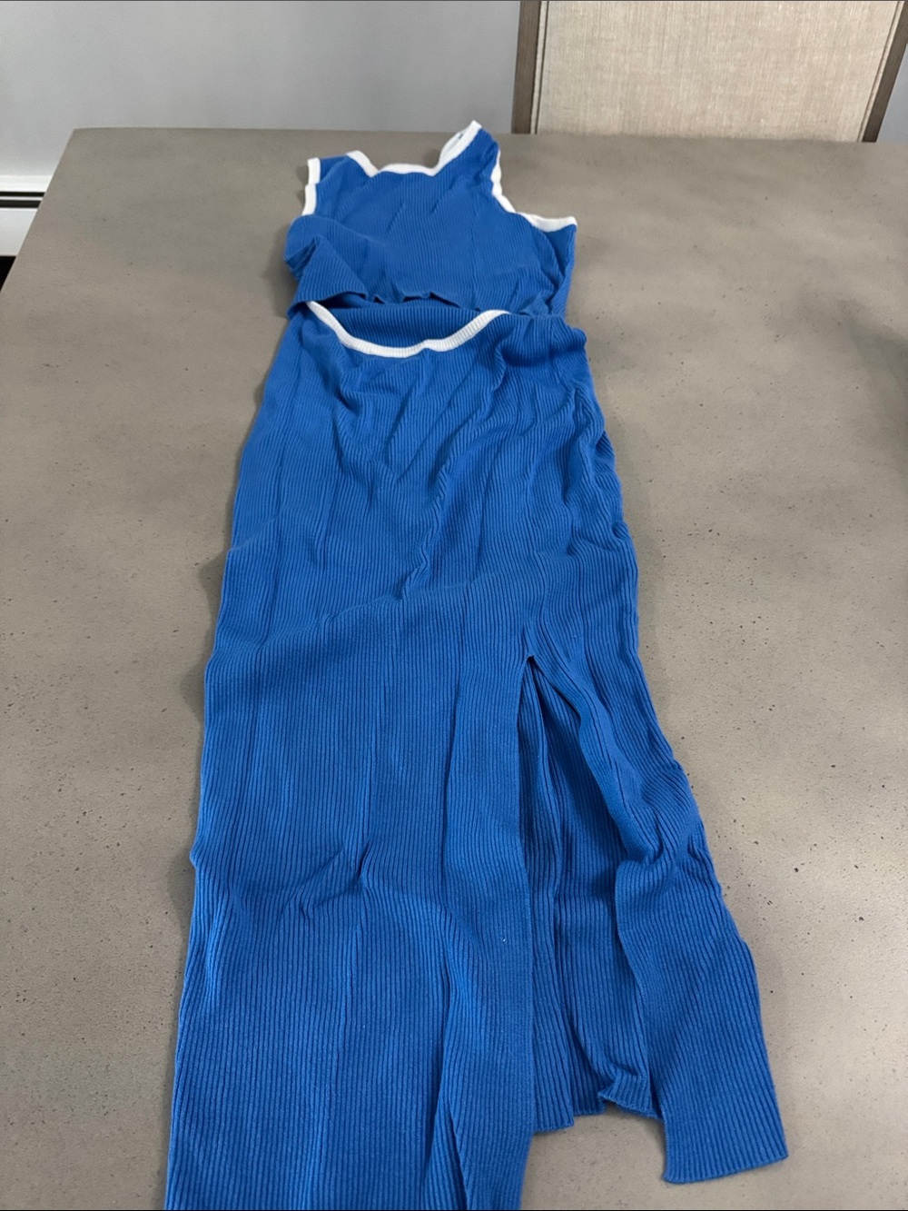 Blue Ribbed Maxi Dress with White Trim